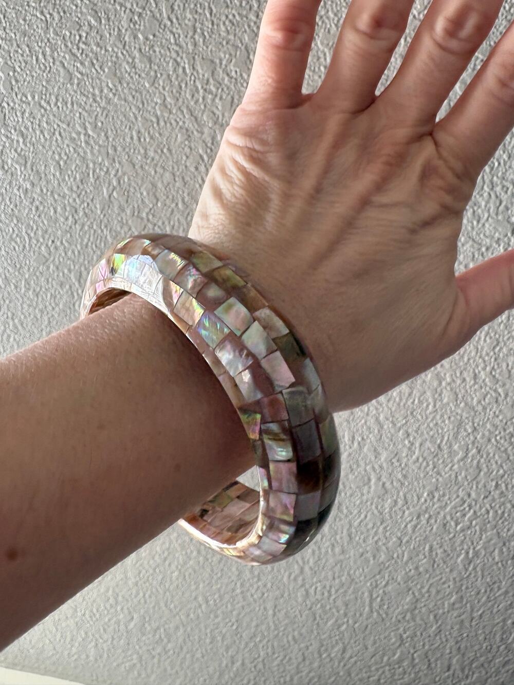 Wide Mother of Pearl Abalone Shell Mosaic Bangle Bracelet Pink Brown Iridescent